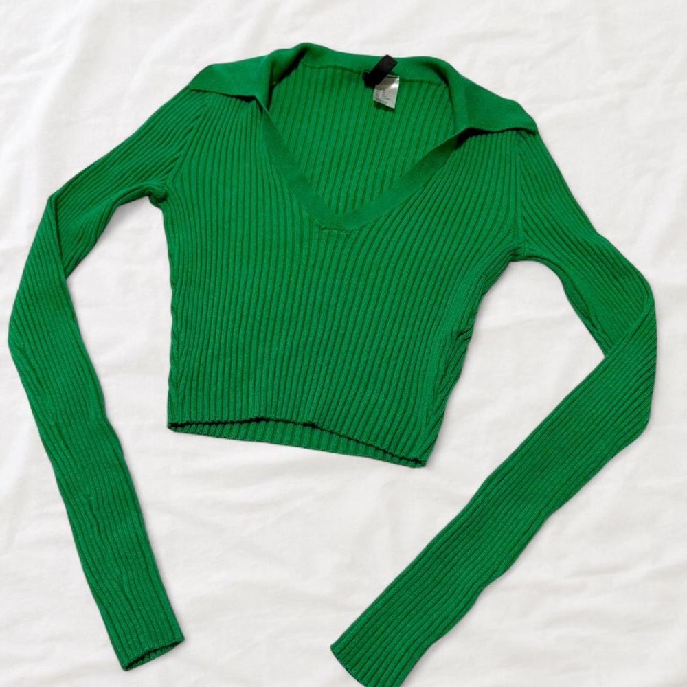 HM Divided Green Ribbed Collared Sweater V-Neck Cropped Knit Top XS